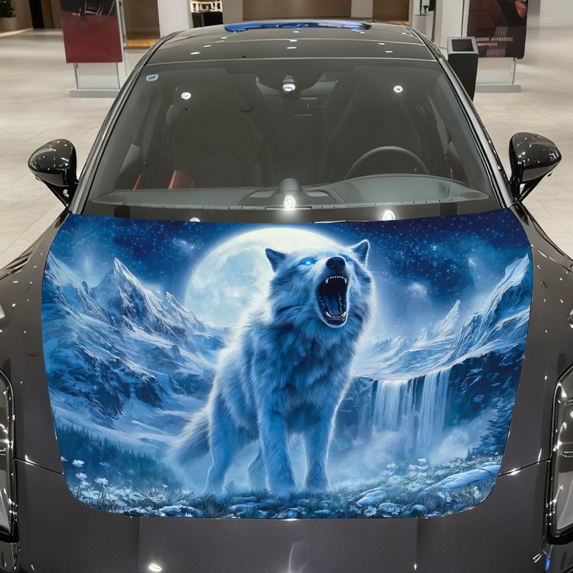 Car Accessories For Winter - Winter Mountain Night Scene Wolf Autohaubenaufkleber-PVC-Vinylaufkleber,