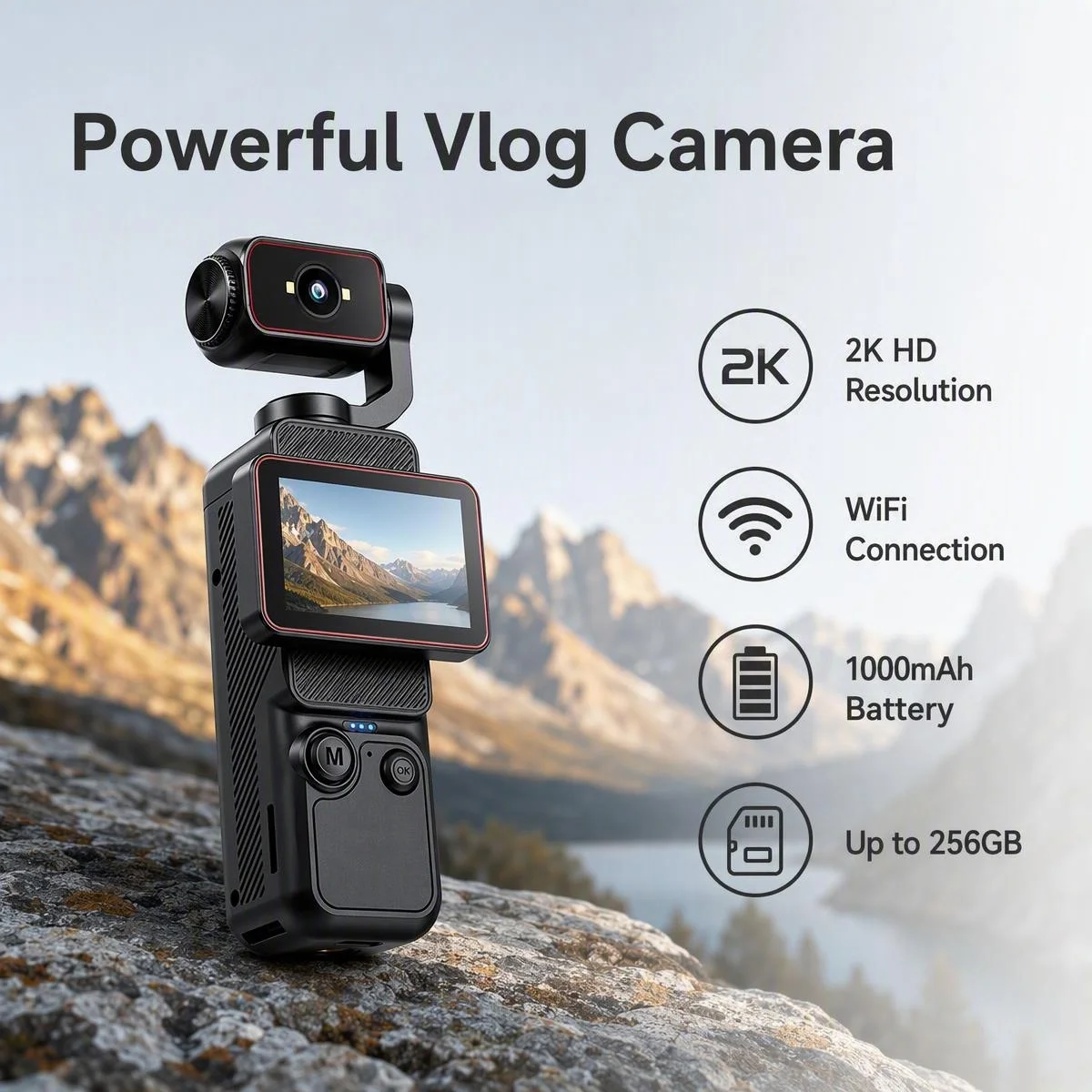 Car Accessories Online - 2K Pocket-Handheld-Vlog-Kamera, 270 ° Drehbar 120°